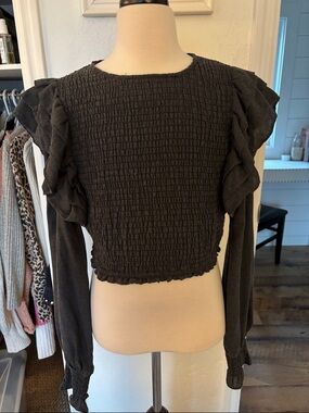Zara Black Smocked Long-Sleeve Top with Ruffle Shoulders